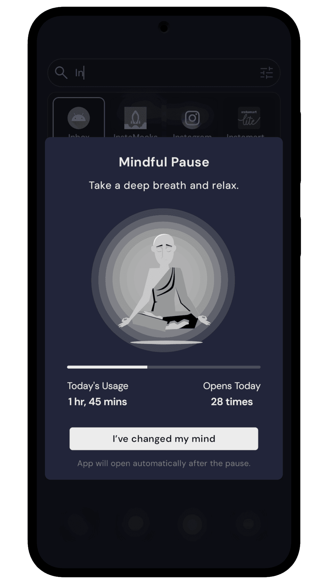 Mindful Pause breathing delay screen