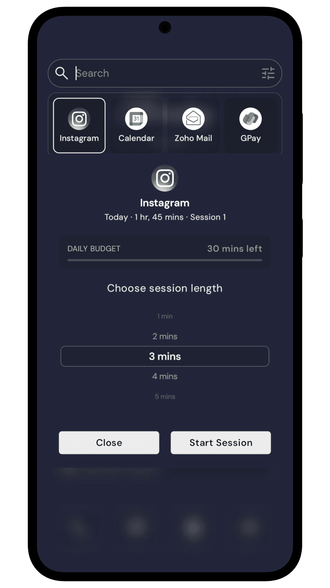 Mindful Timer budget and cooldown screen