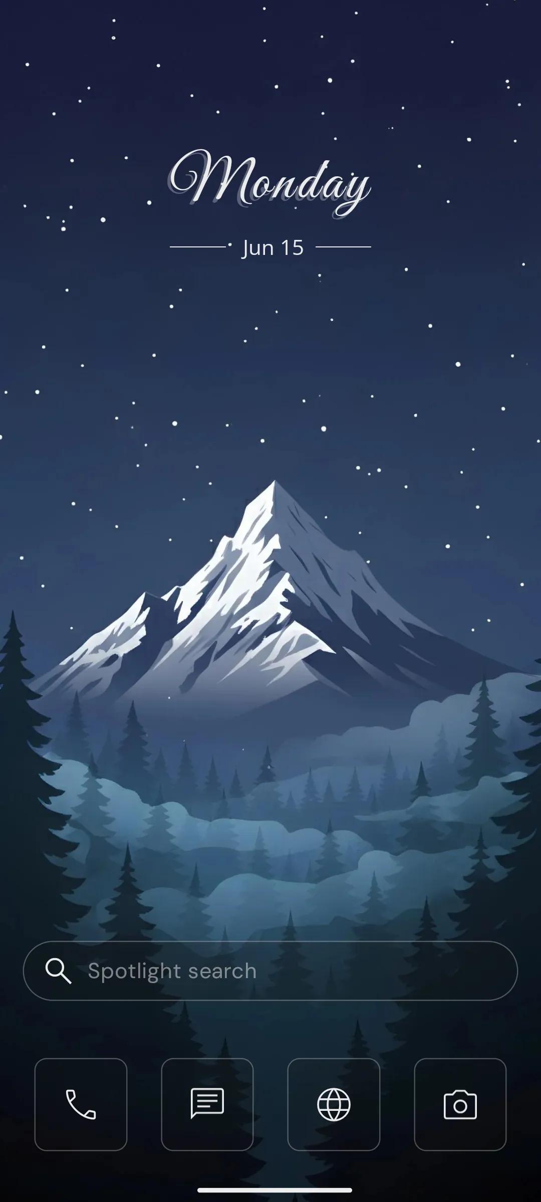Yin Yang Classic home screen in full color: a night mountain wallpaper, a script clock, a search bar and four dock icons