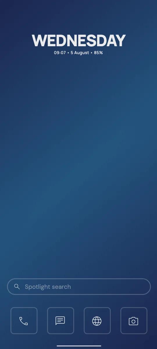 Classic layout on a blue gradient with the Headline clock: a large bold weekday