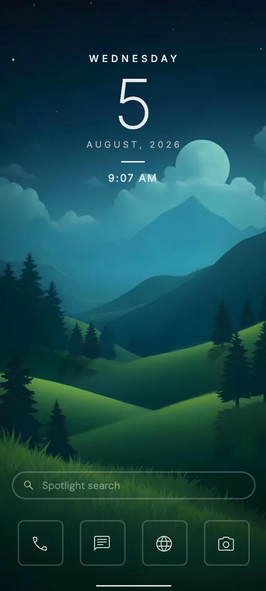 Classic layout with a green valley wallpaper and the Journal clock