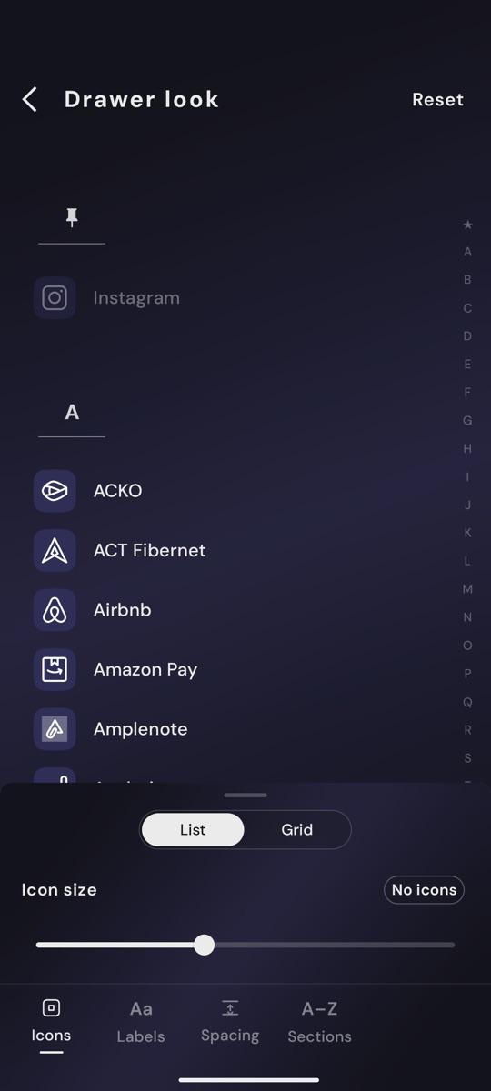 Drawer look editor in List mode with the List and Grid switch
