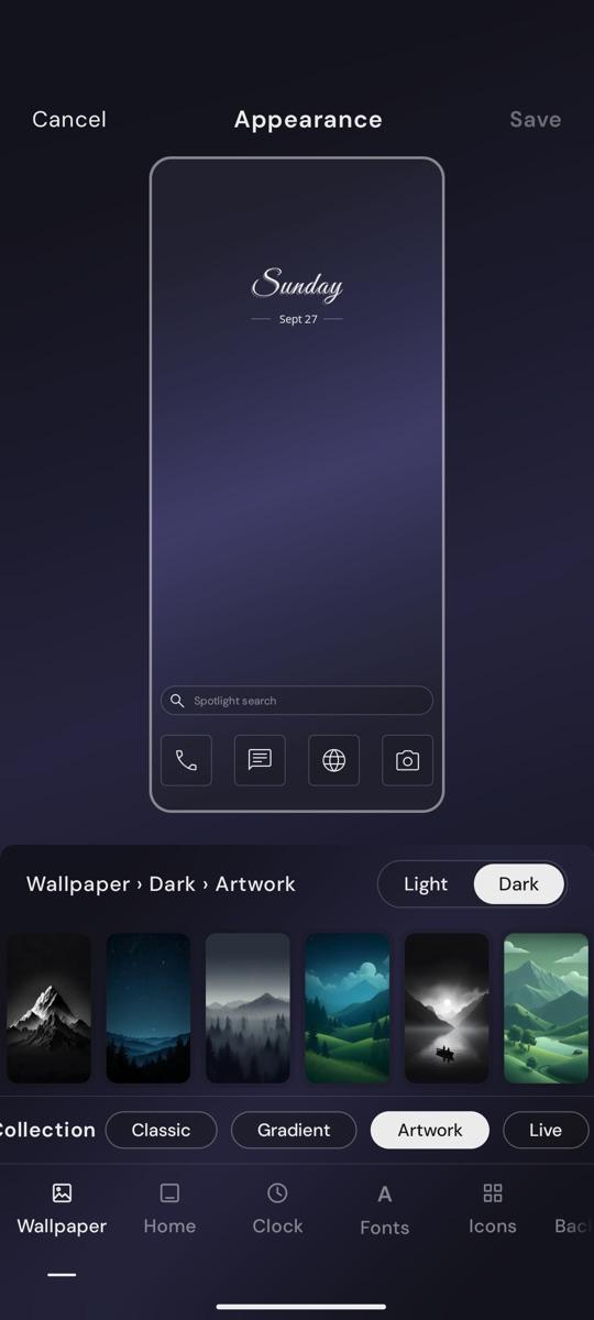 The Appearance editor with a live preview, on the Wallpaper tool