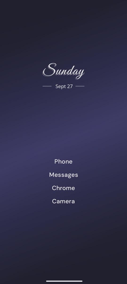 Minimal home layout with clock and a list of app names