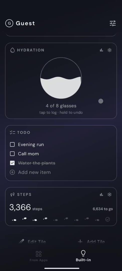 My Space with Hydration, To-do and Steps tiles