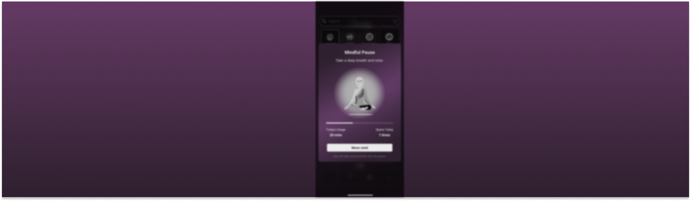 A phone screen showing the Mindful Pause dialog designed to reduce screen time and curb phone addiction.