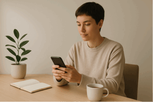 Person with short dark hair wearing a beige sweater sitting at a clean wooden desk, looking down at a smartphone. A white coffee mug, open notebook, and small potted plant with green leaves are arranged on the minimal, organized workspace against a neutral background.