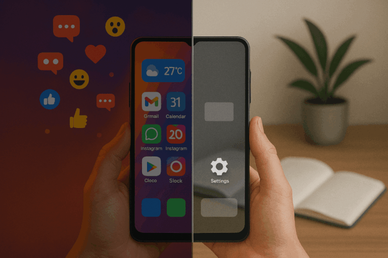 Person holding smartphone with minimalist interface showing how to make your phone less distracting using grayscale mode and organized apps