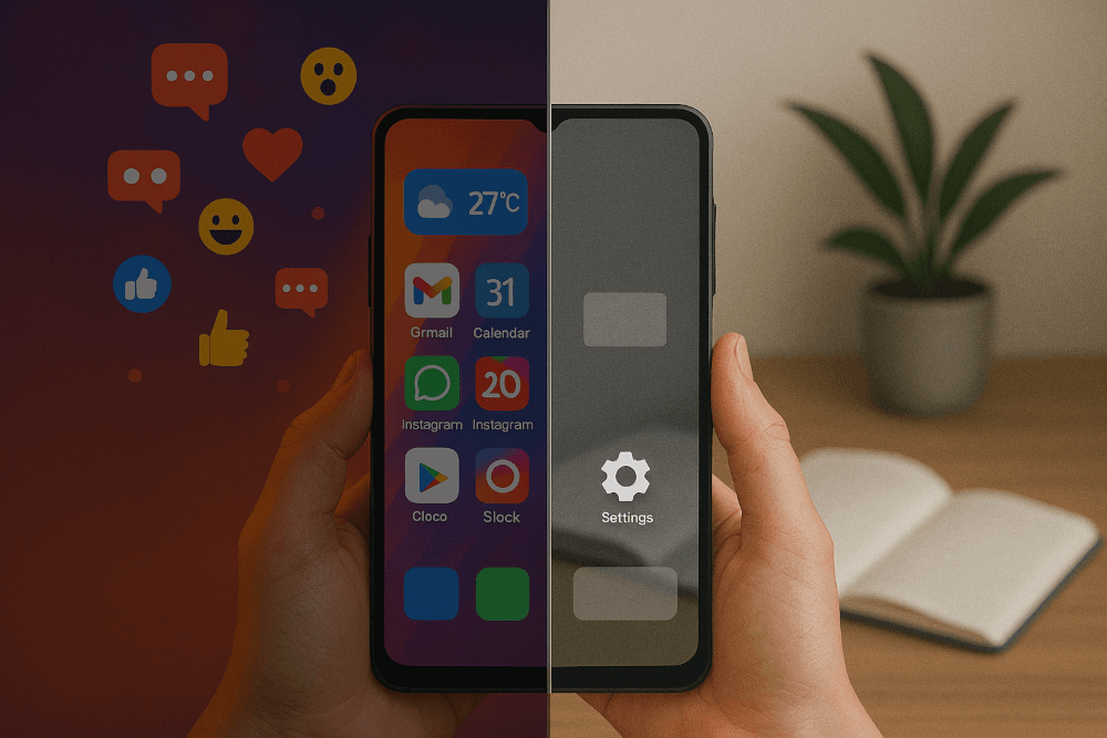 Person holding smartphone with minimalist interface showing how to make your phone less distracting using grayscale mode and organized apps
