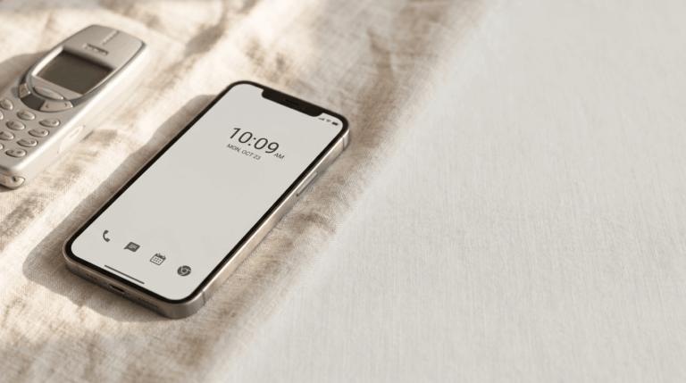 A modern Android smartphone showing a minimalist grayscale home screen, resting on pale linen beside an out-of-focus vintage dumb phone — the dumb phone launcher alternative to buying a new device.