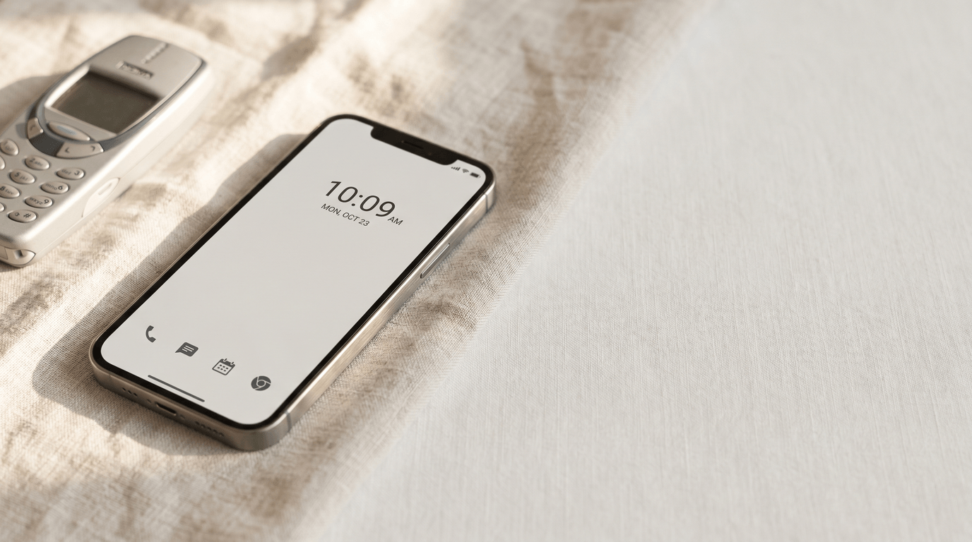 A modern Android smartphone showing a minimalist grayscale home screen, resting on pale linen beside an out-of-focus vintage dumb phone — the dumb phone launcher alternative to buying a new device.