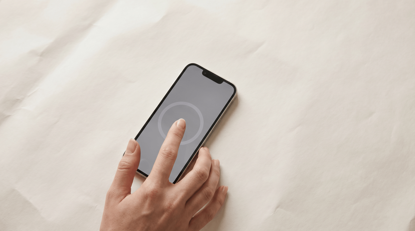 A thumb hovering above a phone screen showing a soft breathing circle — the moment before doom scrolling begins on Android.