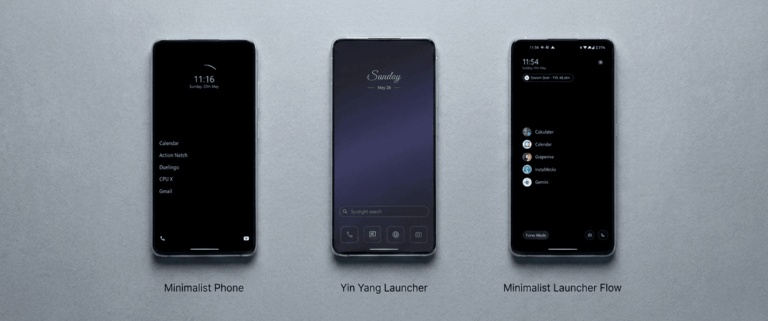 Three Android phones side by side on a warm neutral surface, each showing a different minimalist launcher home screen, soft directional light from the left.