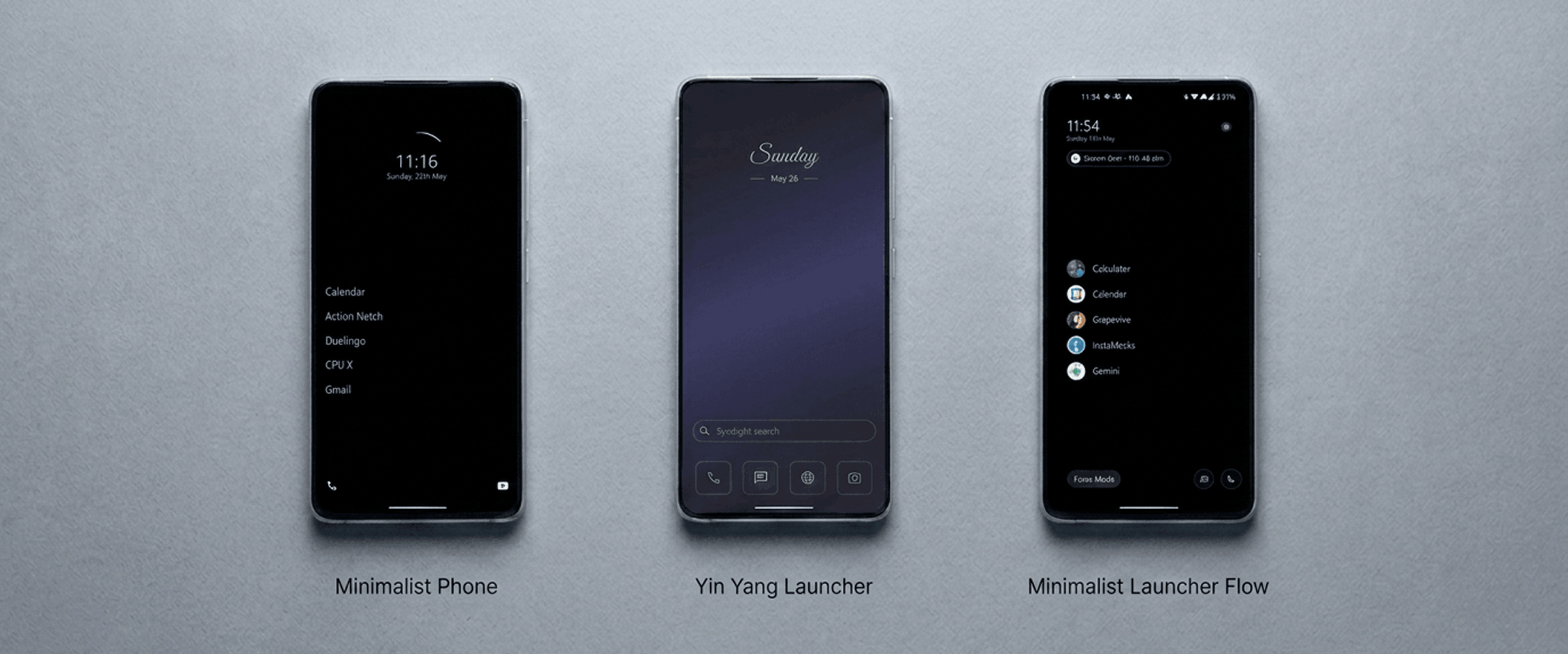 Three Android phones side by side on a warm neutral surface, each showing a different minimalist launcher home screen, soft directional light from the left.