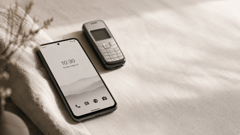 A modern Android smartphone showing a minimalist grayscale home screen, resting on pale linen beside an out-of-focus vintage dumb phone — the dumb phone launcher alternative to buying a new device.