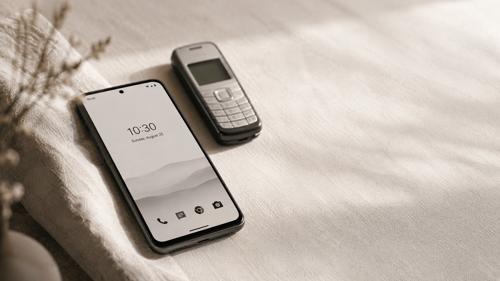 A modern Android smartphone showing a minimalist grayscale home screen, resting on pale linen beside an out-of-focus vintage dumb phone — the dumb phone launcher alternative to buying a new device.