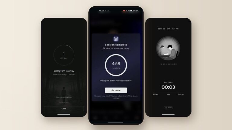 Three Yin Yang Launcher screens on an ivory background: a Mindful Break on day 1 of 7, a Mindful Timer session ending with Instagram locked, and a Focus Mode session