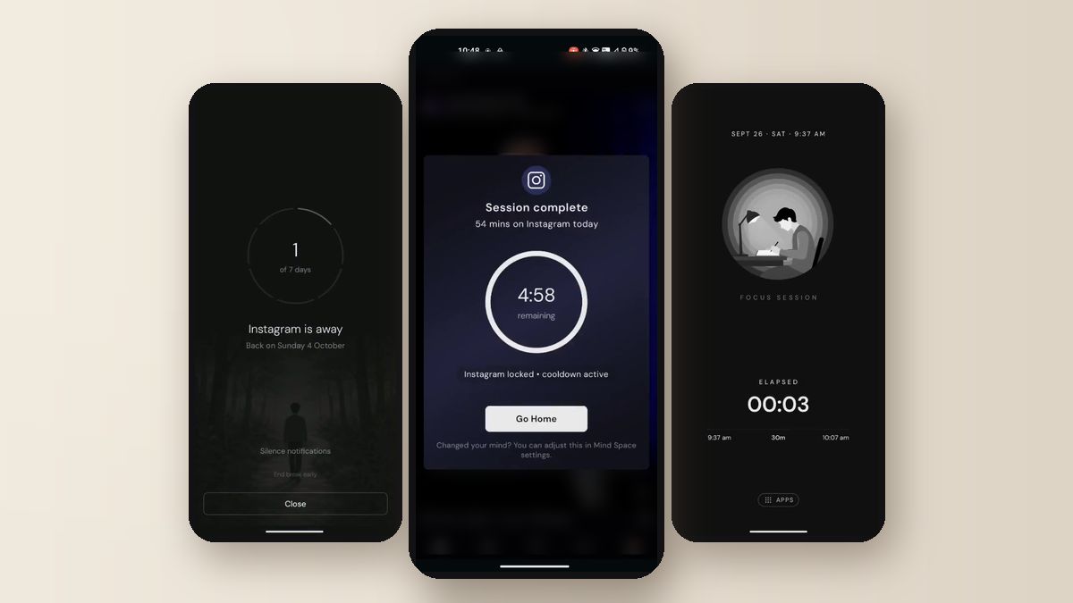 Three Yin Yang Launcher screens on an ivory background: a Mindful Break on day 1 of 7, a Mindful Timer session ending with Instagram locked, and a Focus Mode session