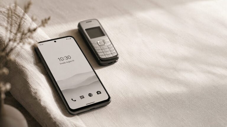 A modern Android smartphone showing a minimalist grayscale home screen, resting on pale linen beside an out-of-focus vintage dumb phone — the dumb phone launcher alternative to buying a new device.