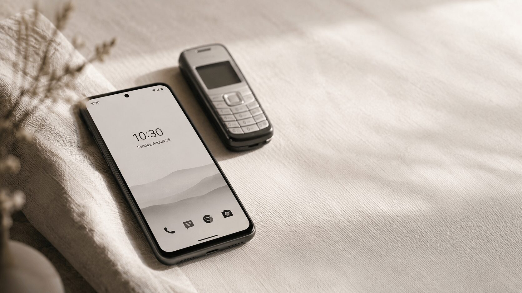 A modern Android smartphone showing a minimalist grayscale home screen, resting on pale linen beside an out-of-focus vintage dumb phone — the dumb phone launcher alternative to buying a new device.