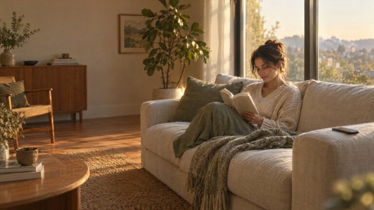 A woman reading a book on a sofa in late-afternoon light, her phone lying face-down on the armrest beside her