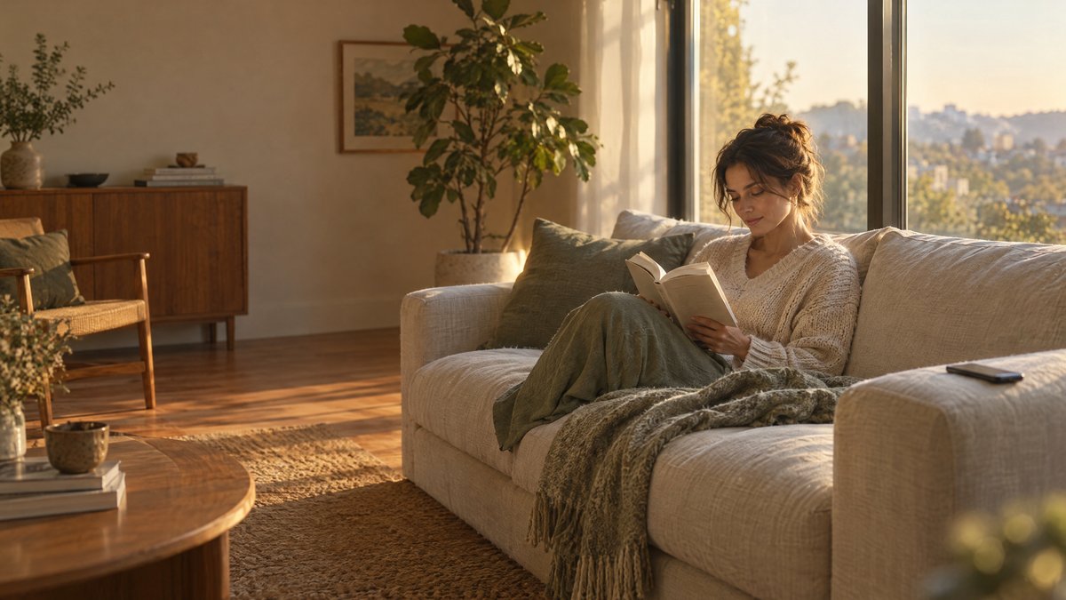 A woman reading a book on a sofa in late-afternoon light, her phone lying face-down on the armrest beside her