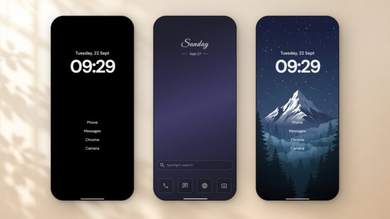 Three Android phones running Yin Yang Launcher on an ivory background: a Minimal layout on solid black, a Classic layout on a violet gradient, and a Minimal layout on mountain artwork