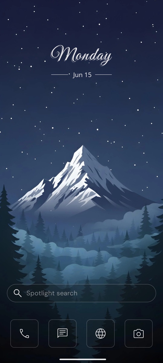Minimalist Android home screen with a script clock, mountain artwork wallpaper, a search bar and four dock icons