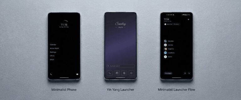 Three Android phones side by side on a warm neutral surface, each showing a different minimalist launcher home screen, soft directional light from the left.