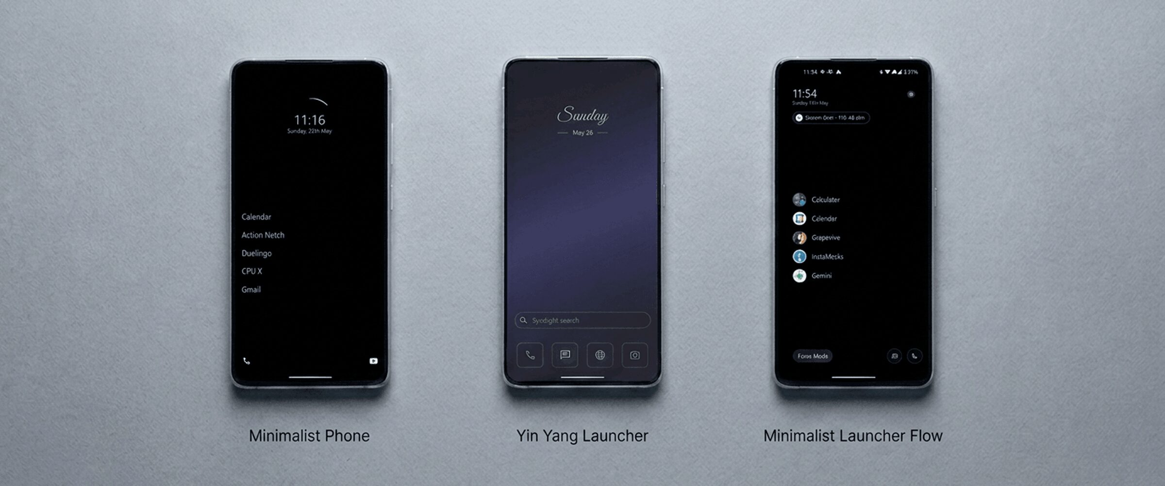 Three Android phones side by side on a warm neutral surface, each showing a different minimalist launcher home screen, soft directional light from the left.