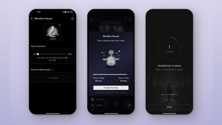 Three Yin Yang Launcher screens on a soft purple background: Mindful Pause settings, the Mindful Pause breathing screen, and a Mindful Break showing day 1 of 7