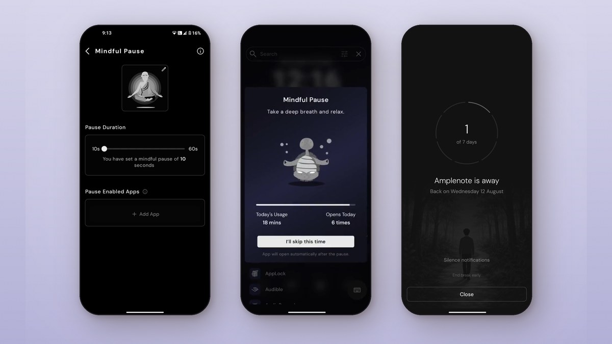 Three Yin Yang Launcher screens on a soft purple background: Mindful Pause settings, the Mindful Pause breathing screen, and a Mindful Break showing day 1 of 7