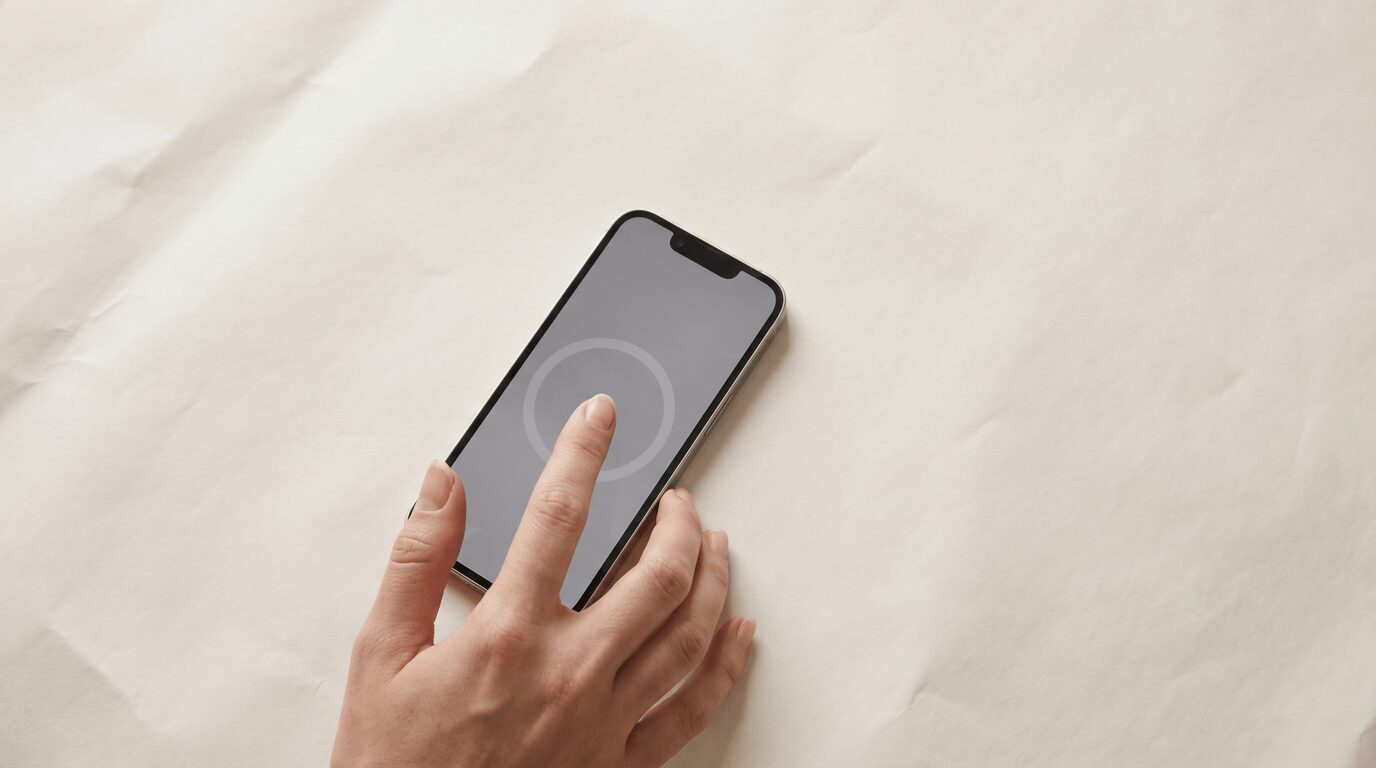 A thumb hovering above a phone screen showing a soft breathing circle — the moment before doom scrolling begins on Android.
