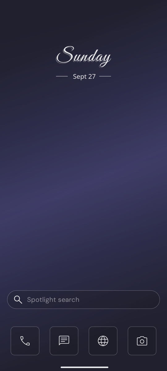 Classic layout: a script clock, a search bar and four simple dock icons on a dark gradient