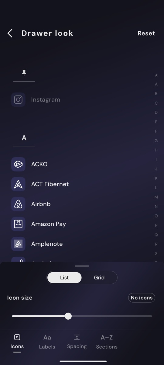 Drawer look editor showing the app drawer as a list, with options for icons, labels, spacing and sections
