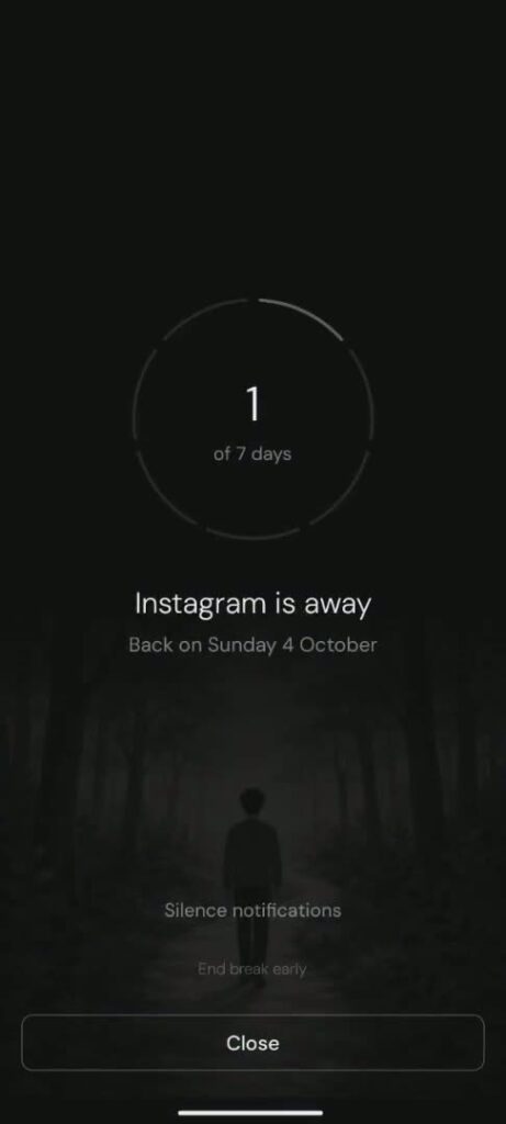 Yin Yang's Mindful Break screen for a seven-day Instagram break, showing day 1 and the return date