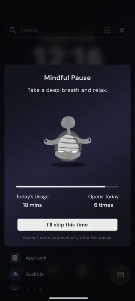 Yin Yang's Mindful Pause breathing screen before Instagram opens, with today's usage and opens