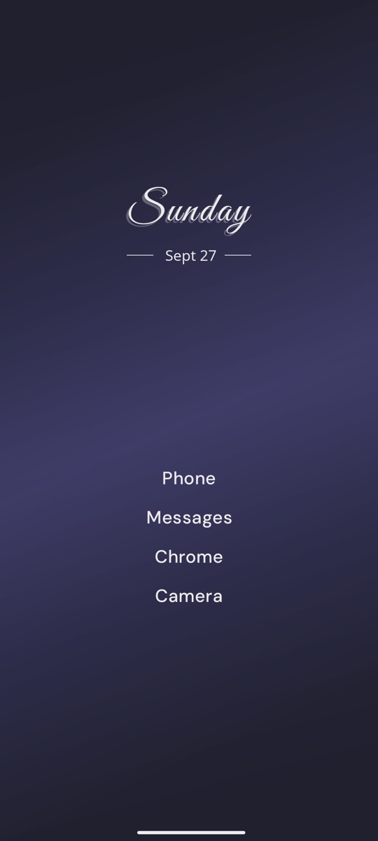 Minimal layout: a script clock above a centred list of four app names on a dark gradient