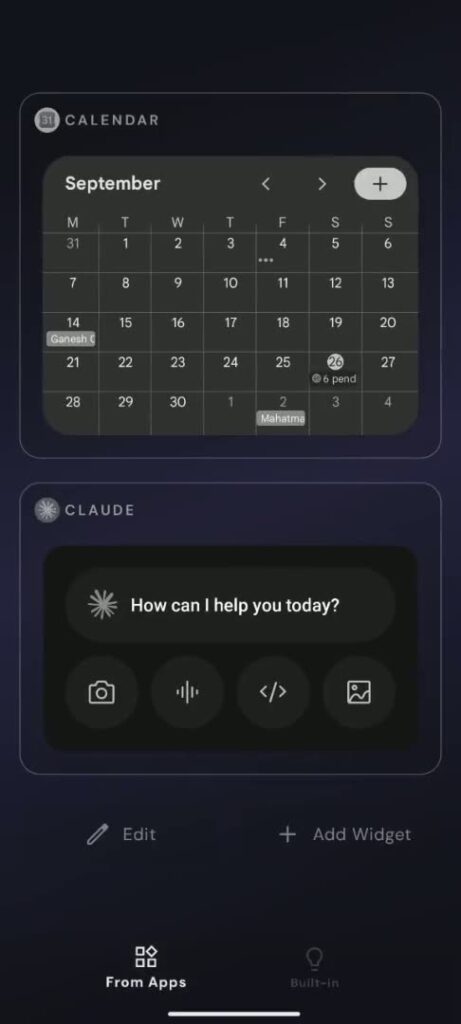 Google Calendar and Claude widgets shown in monochrome in Yin Yang Launcher My Space